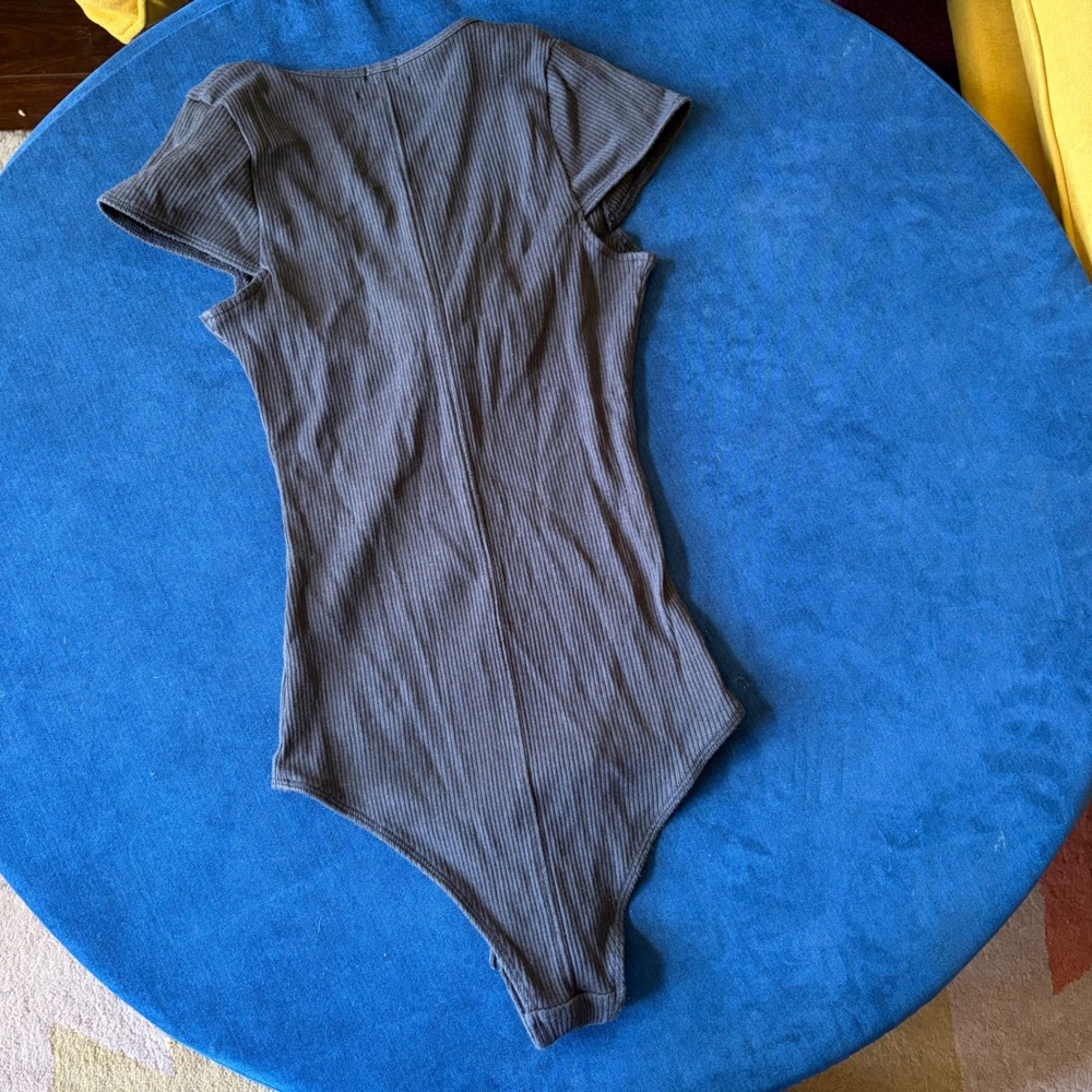 Out From Under Urban Outfitters Ribbed Tie Front Bodysuit Charcoal Grey Medium - Picture 4 of 4